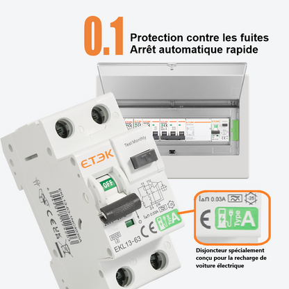 ETEK Disjoncteur Différentiel 20A Type A (RCBO) – Protection Spéciale Voiture Électrique – 30mA, 6kA